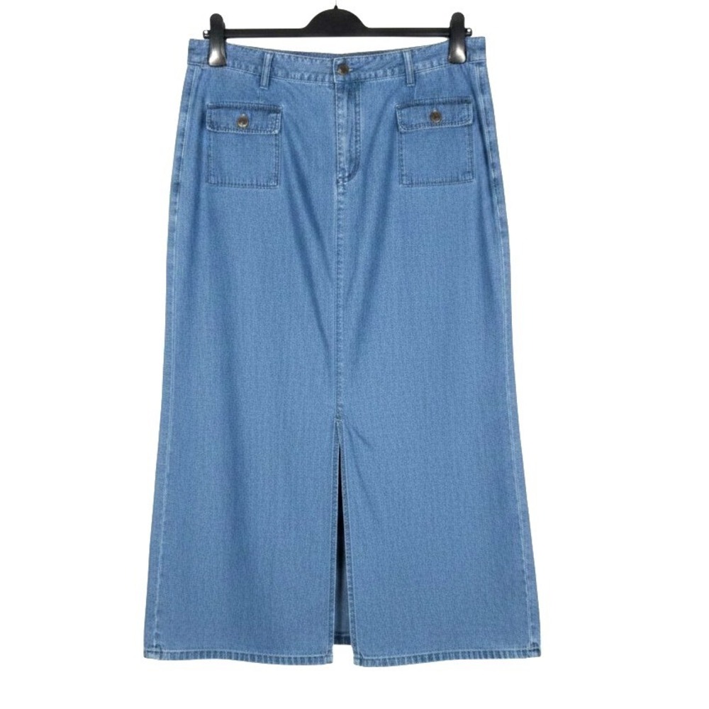VTG CAMBRIDGE DRY GOODS Denim FLAP POCKETS Button/Zip STRAIGHT JEAN SKIRT Sz 12